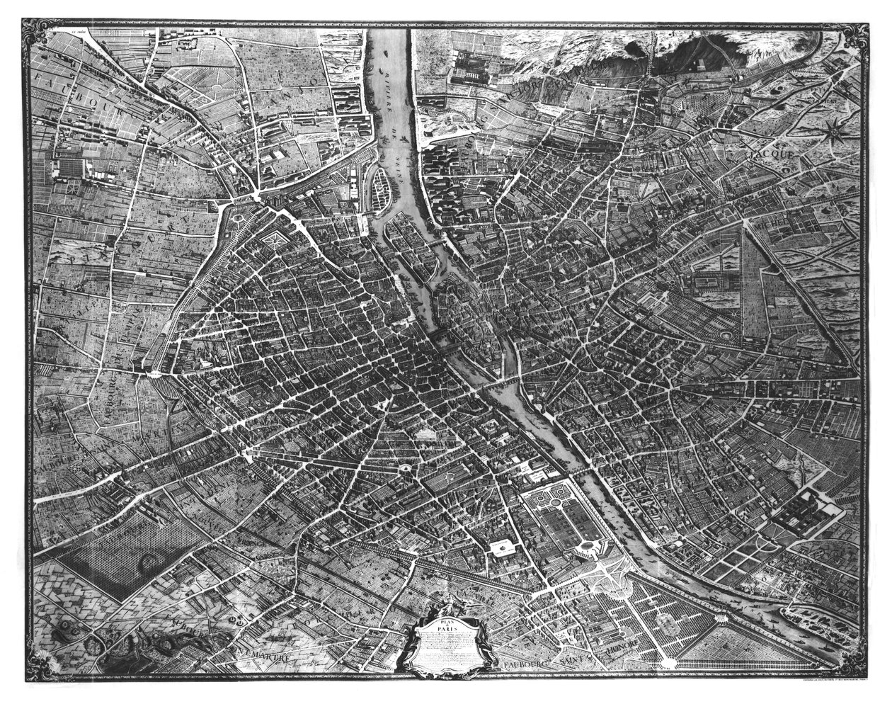 Plán Paříže, známý jako "Plan de Turgot", vyryl Claude Lucas, 1734-39 od Louis Bretez