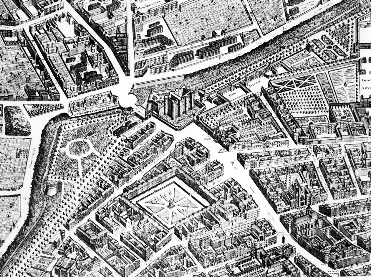 Bastille, Place Royale nyní Place des Vosges a Rue Saint-Antoine, detail z plánu Paříže, známý jako Plan de Turgot, vyrytý Claudem Lucasem, 1734-39 detail rytiny 233535 od Louis Bretez