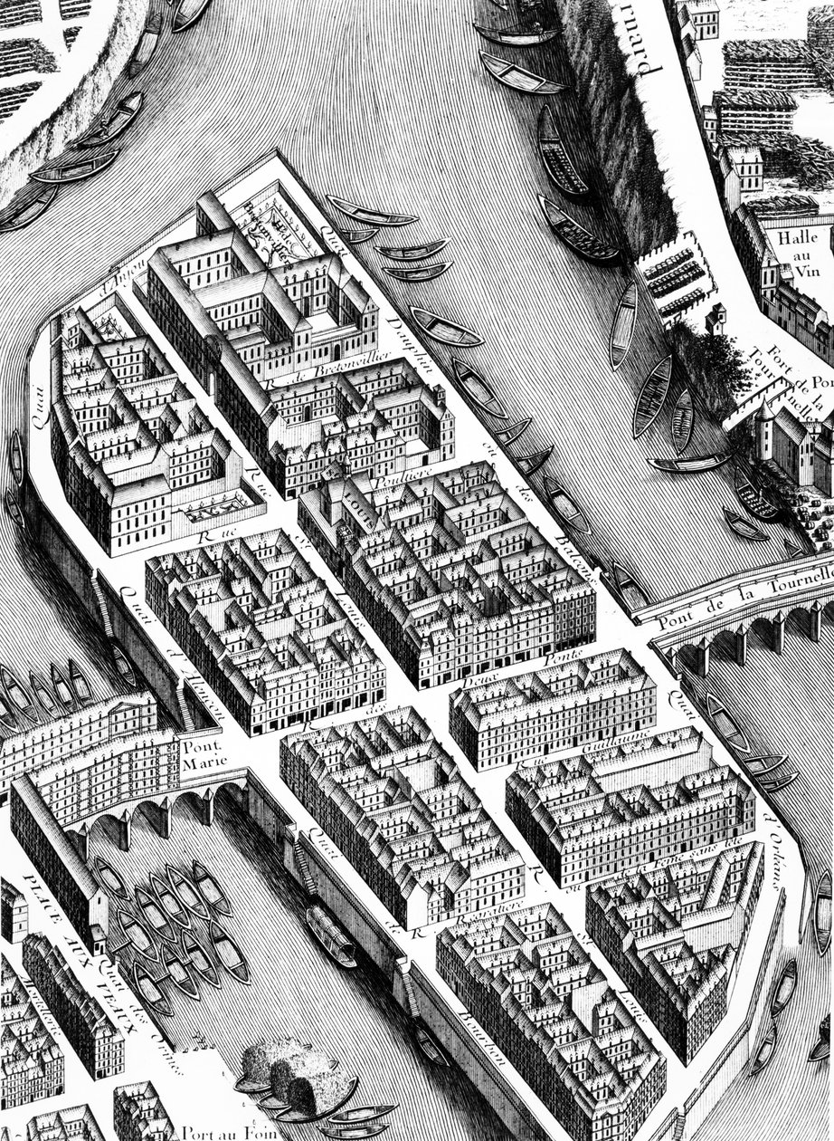 Ile St. Louis, detail z plánu Paříže, známý jako Plan de Turgot, vyrytý Claudem Lucasem, 1734-39 detail rytiny 233535 od Louis Bretez