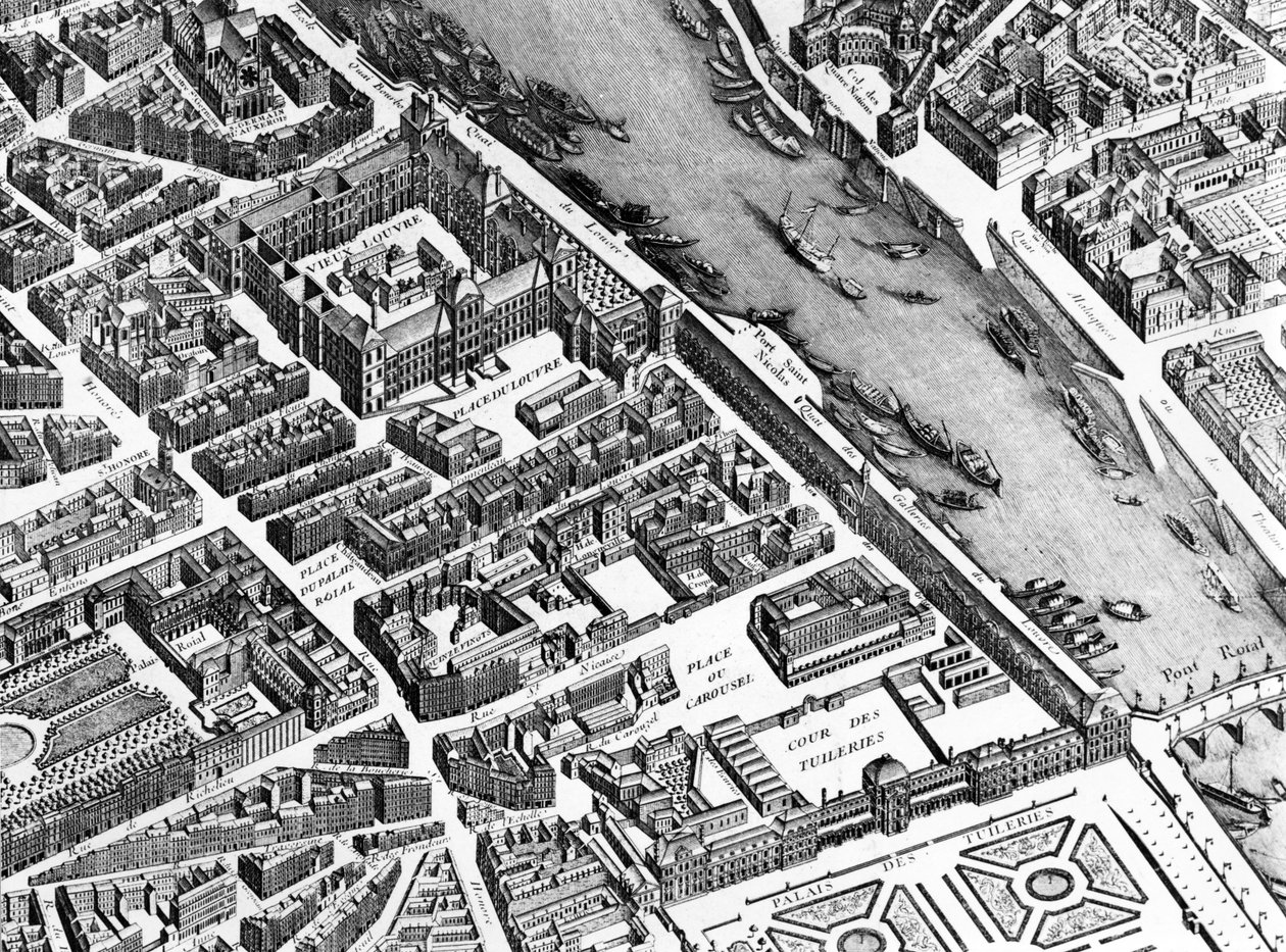 Starý Louvre, Palais Royal a Tuileries, detail z plánu Paříže, známý jako Plan de Turgot, vyrytý Claudem Lucasem, 1734-39 detail rytiny 233535 od Louis Bretez