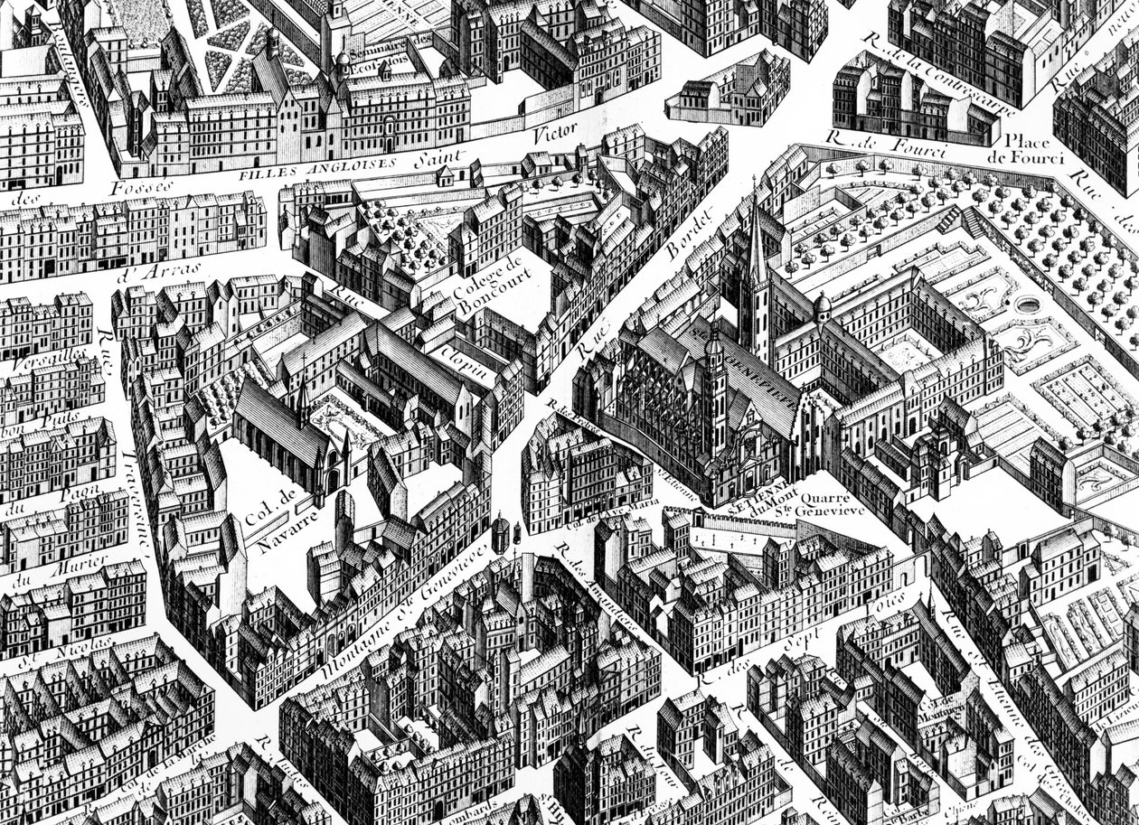 Oblast Sainte-Geneviève, Paříž, detail z plánu Paříže, známý jako Plan de Turgot, vyrytý Claudem Lucasem, 1734-39 detail rytiny 233535 od Louis Bretez