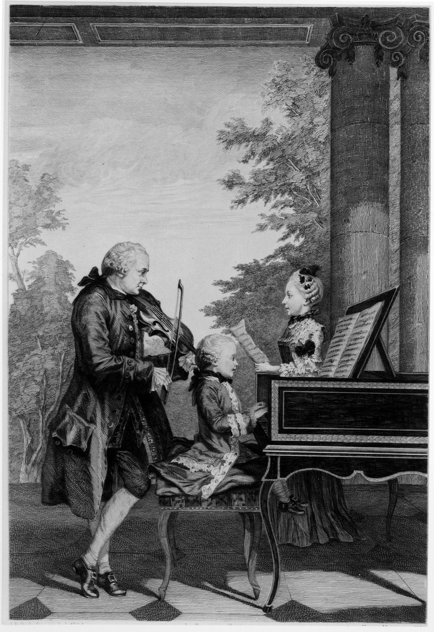 Leopold Mozart (1719-87) a jeho dvě děti, Wolfgang Amadeus (1756-91) a Maria-Anna (Nannerl) (1751-1829) od Louis Carrogis dit Carmontelle
