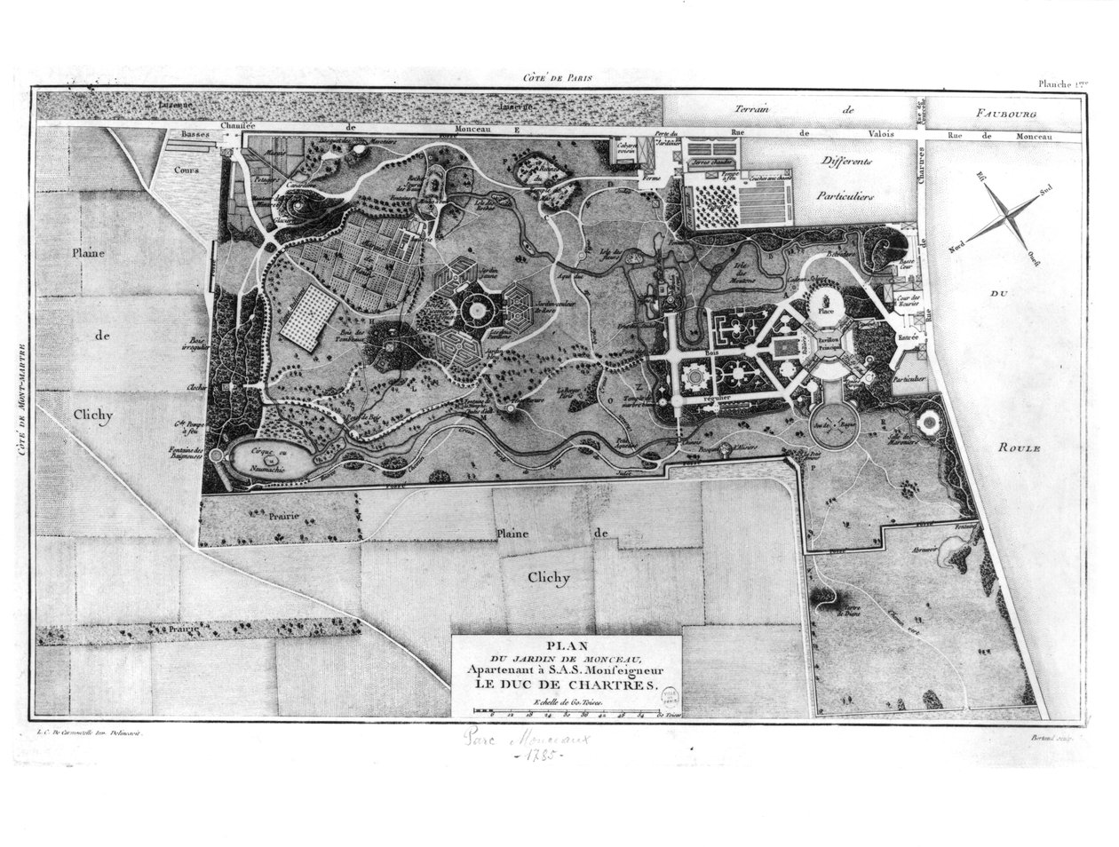 Plán Parc Monceau v Paříži patřící vévodovi z Chartres (1747-93) 1785 od Louis Carrogis dit Carmontelle