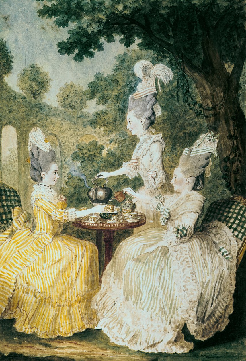 La Marquise de Montesson, La Marquise de Crest a la Comtesse de Damas pijí čaj (akvarel na papíře) od Louis Carrogis dit Carmontelle