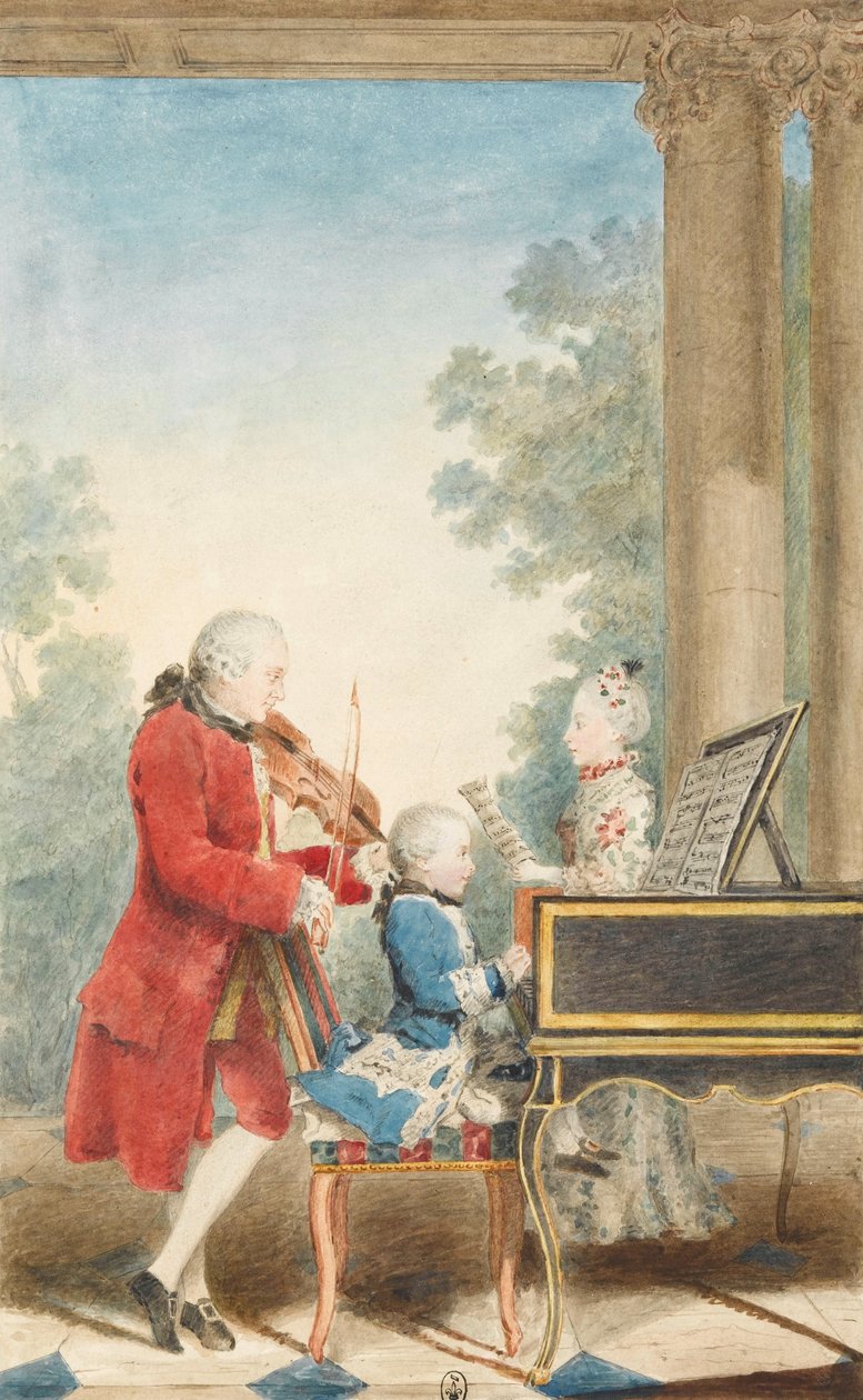 Portrét Wolfganga Amadea Mozarta (Salcburk, 1756-Vídeň, 1791) hrajícího v Paříži se svým otcem Jean ... od Louis Carrogis dit Carmontelle
