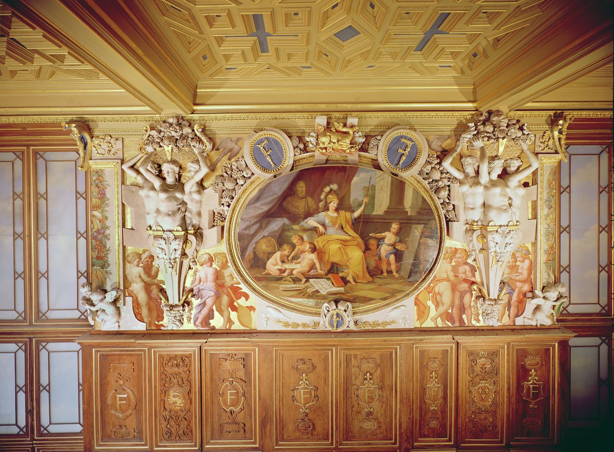 Galerie François I, Freska zobrazující „La Nymphe de Fontainebleau“ (štuková, viditelná část stropu a dřeva), podle Rosso Fiorentino, Giovanni Battista (1494-1540), 1860 (fresky, štuky a od Louis Charles Auguste Couder