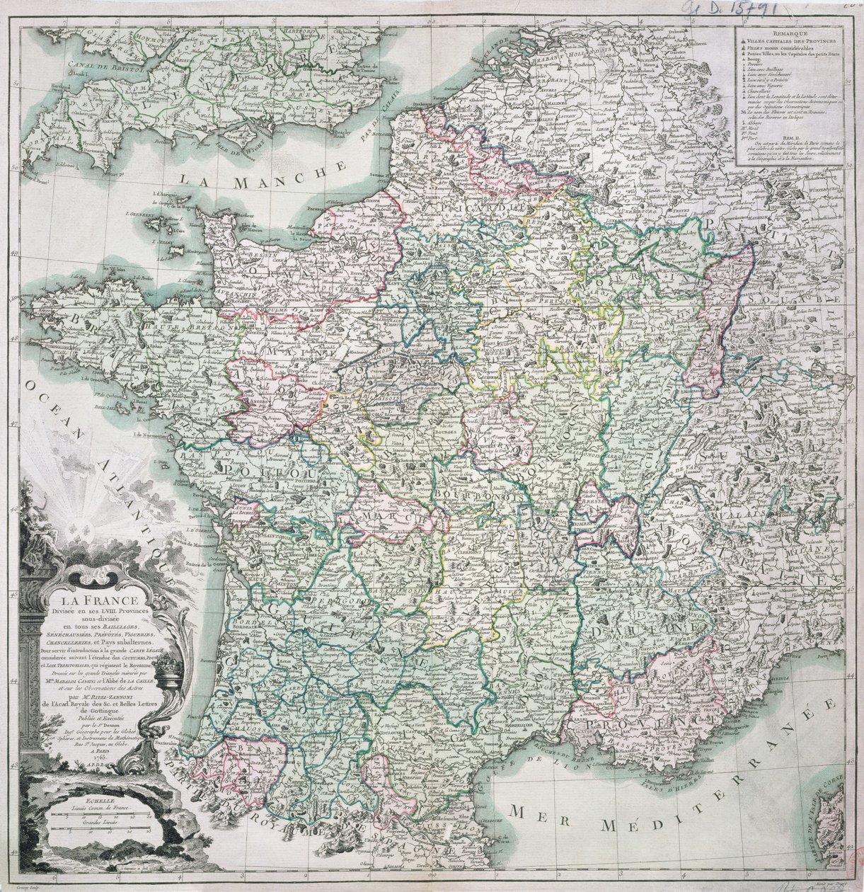 Mapa Francie rozdělené do 58 provincií, 1765 od Louis Charles Desnos