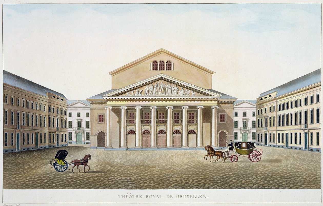 Theatre Royal, Brusel, z výběru nejvýznačnějších památek, budov a domů Nizozemského království od Pierra Jacquese Goetghebuera, vyryto autorem, vydáno 1827 (akvatinta) (s od Louis Damesme