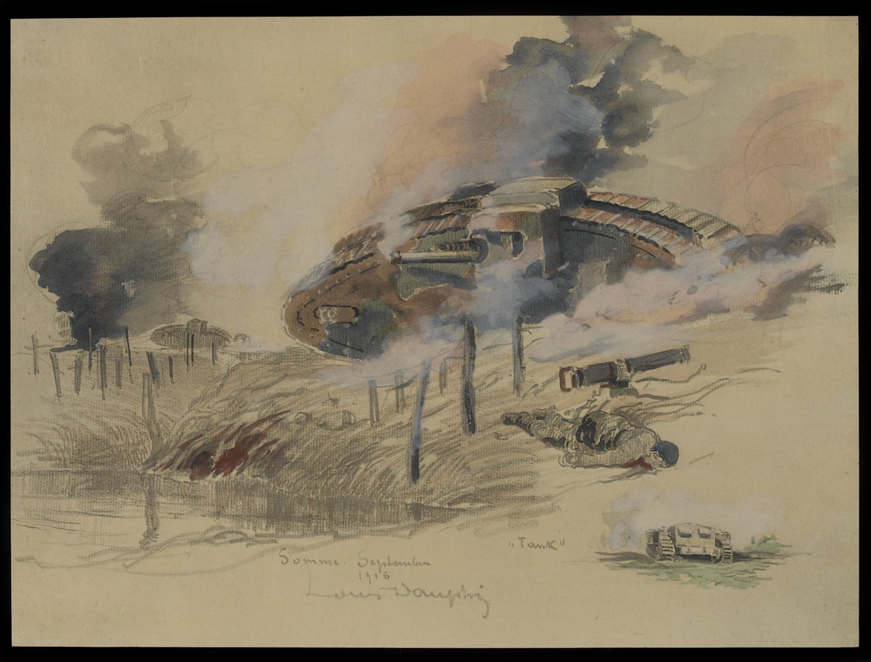 Tank na Sommě, září 1916 (wc a tužka na papíře) od Louis Dauphin