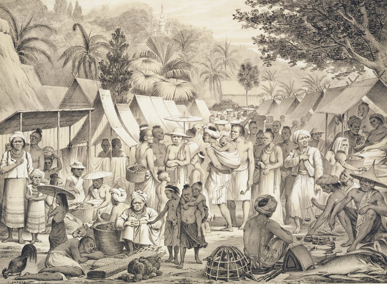 Trh v Luang Prabang, Laos, ilustrace z „Atlas du Voyage d