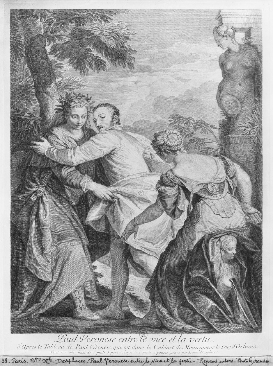 Veronese (Paolo Caliari) mezi Vice a Virtue, z umělcova obrazu umístěného v Cabinet de Monseigneur le Duc d