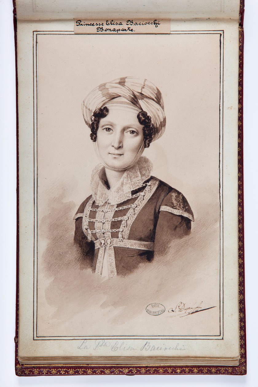 Portrét Elisy Bonaparte, princezny Baciocchi, ilustrace z Malého alba Elisy Bonaparte, cca 1820 (perem a tuší na papíře) od Louis Dupré