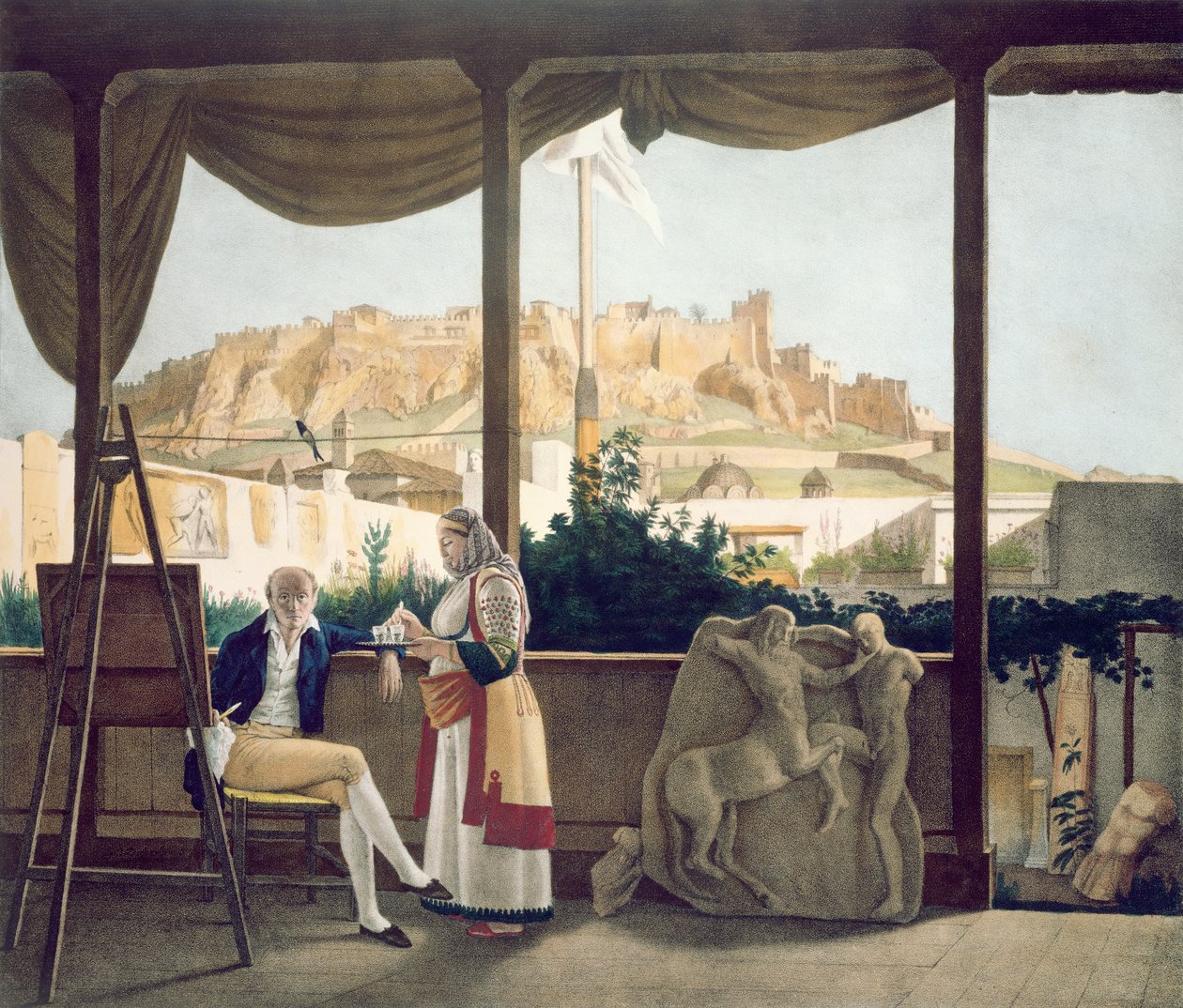 Francouzský konzul, Monsieur Fauvel, na terase svého domu v Aténách, vyrytý bratry Thierry, 1825 od Louis Dupré