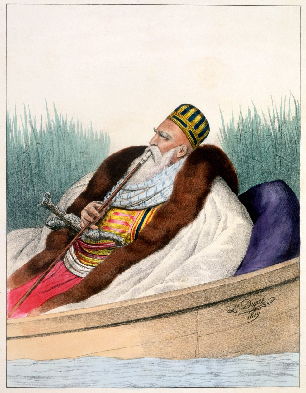Ali Pacha de Janina na lodi na jezeře Butrinte v roce 1819 - deska VII, vyryl Lemercier z knihy "Voyage à Athènes et a à Constantinople", kterou napsal a ilustroval Dupre, 1828. od Louis Dupré