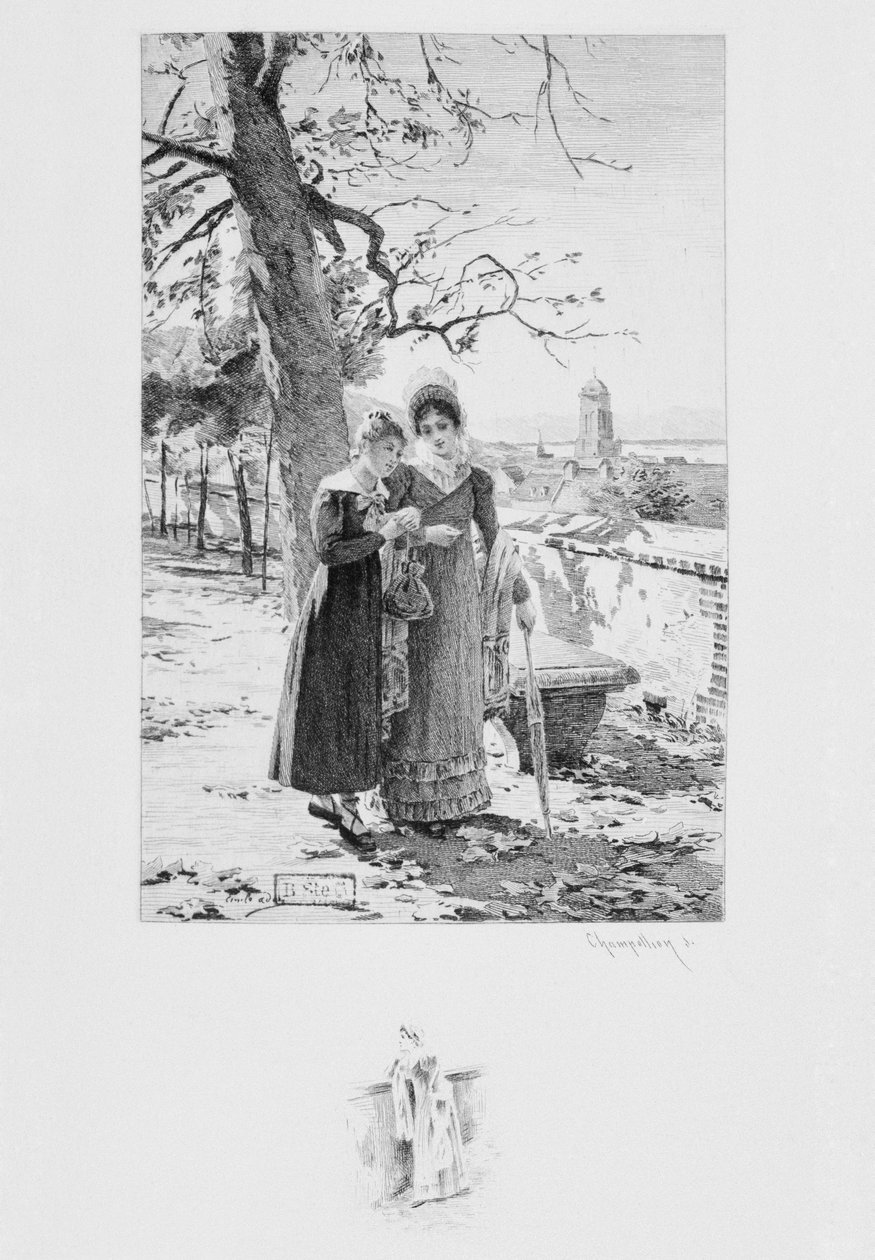 Madame Aubain a Felicite, ilustrace z „Un coeur simple“ od Gustava Flauberta (1821-80) vydáno 1894, vyryto Eugene Andre Champollion (1848-1901) Paris, Libraire Publisher A. Ferroud (etchi od Louis Emile Adan