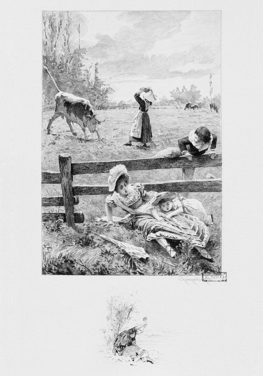 Sluha Felicite a býk, ilustrace z „Un coeur simple“ od Gustava Flauberta (1821-80) vydané 1894, vyryto Eugene Andre Champollion (1848-1901) Paris, Libraire Editeur A. Ferroud od Louis Emile Adan