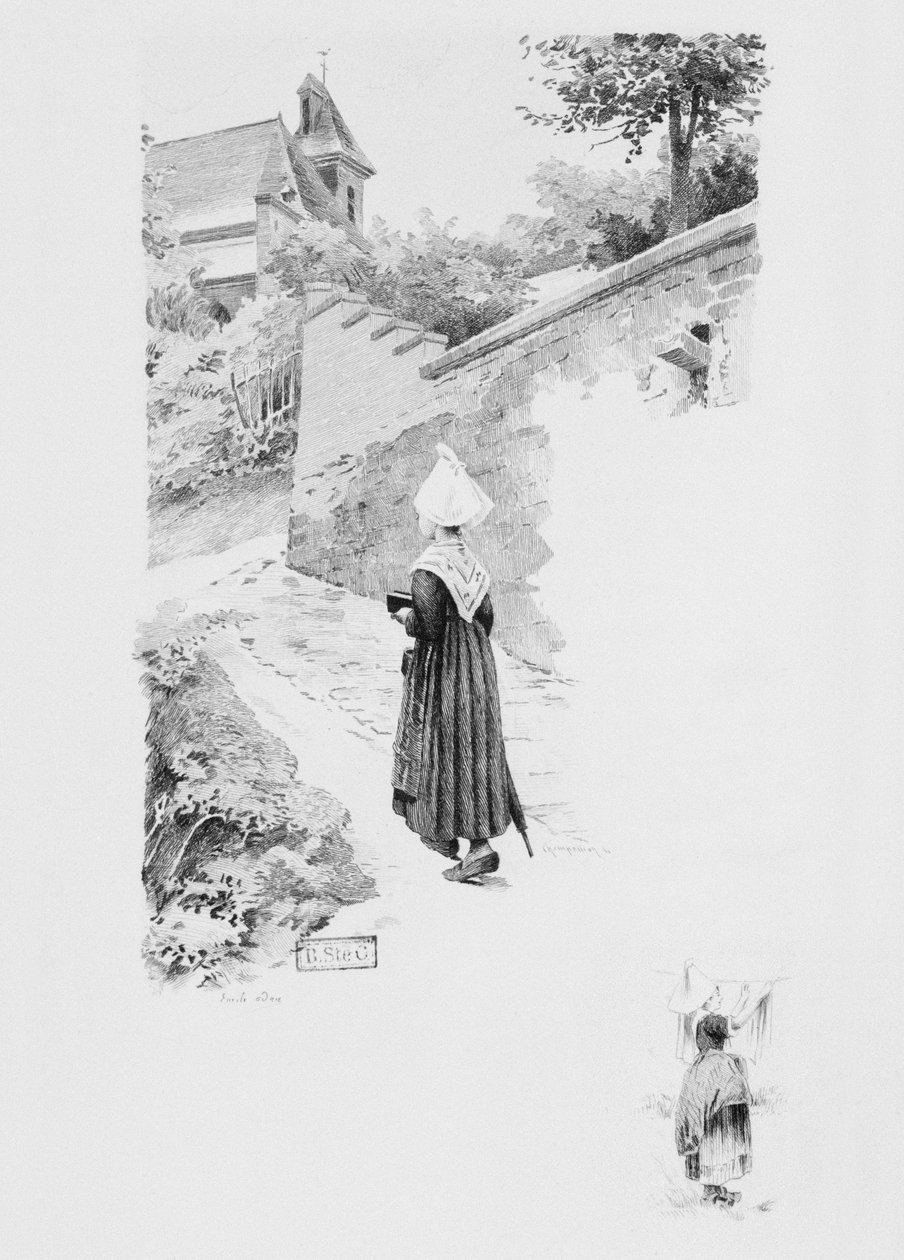 Služebná Felicite, ilustrace z knihy "Un coeur simple" od Gustava Flauberta (1821-80), vydáno 1894, rytina Eugene Andre Champollion (1848-1901) Paris, Libraire Editeur A. Ferroud (nar. 1903) od Louis Emile Adan
