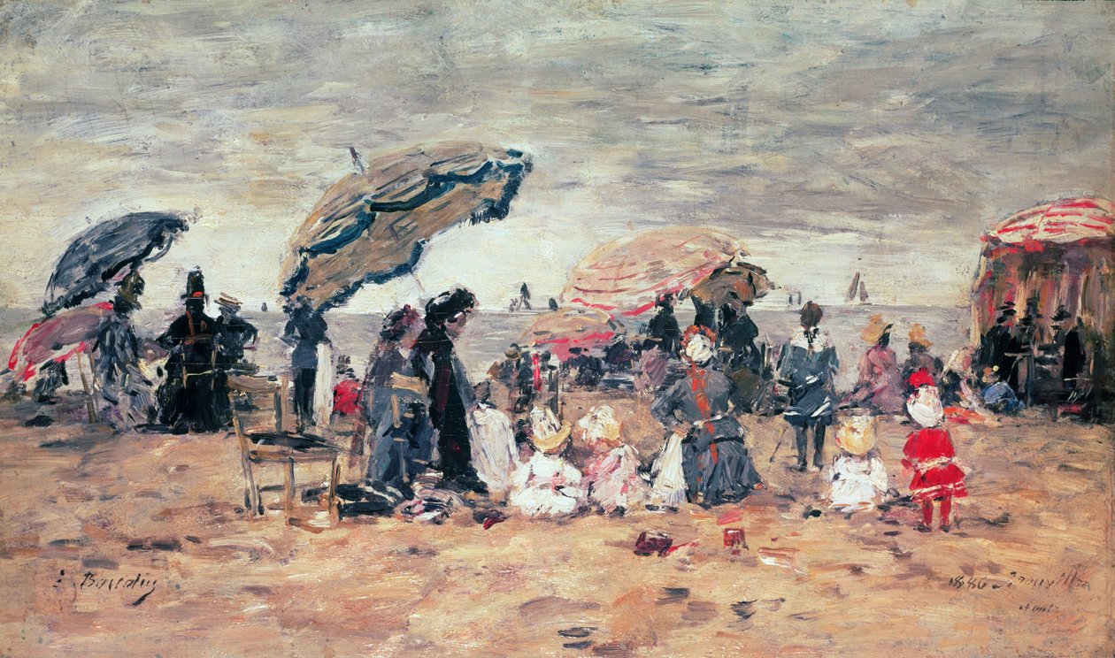Slunečníky na pláži, Trouville, 1886 (panel) od Eugene Louis Boudin