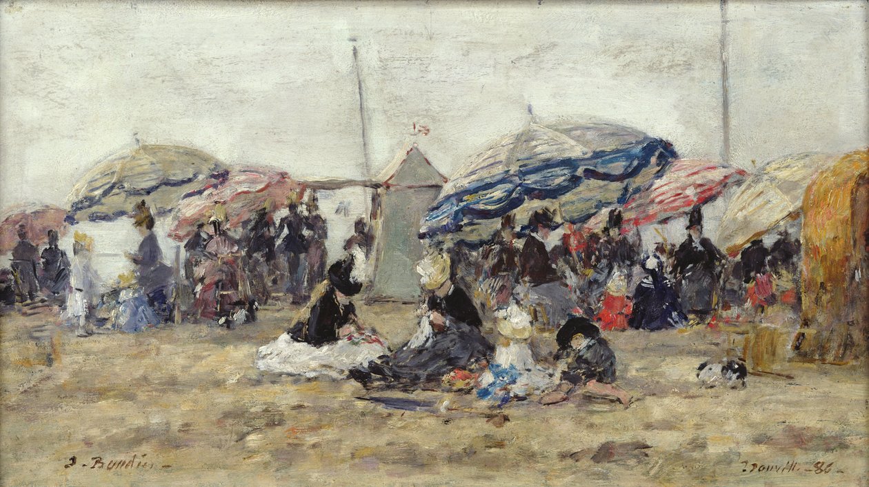 Slunečníky na pláži v Trouville, 1886 (olej na dřevě) od Eugene Louis Boudin