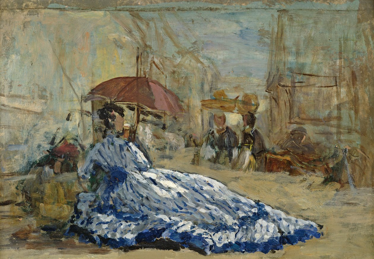 Žena v modrých šatech pod slunečníkem, cca 1865 (olej na kartě) od Eugene Louis Boudin