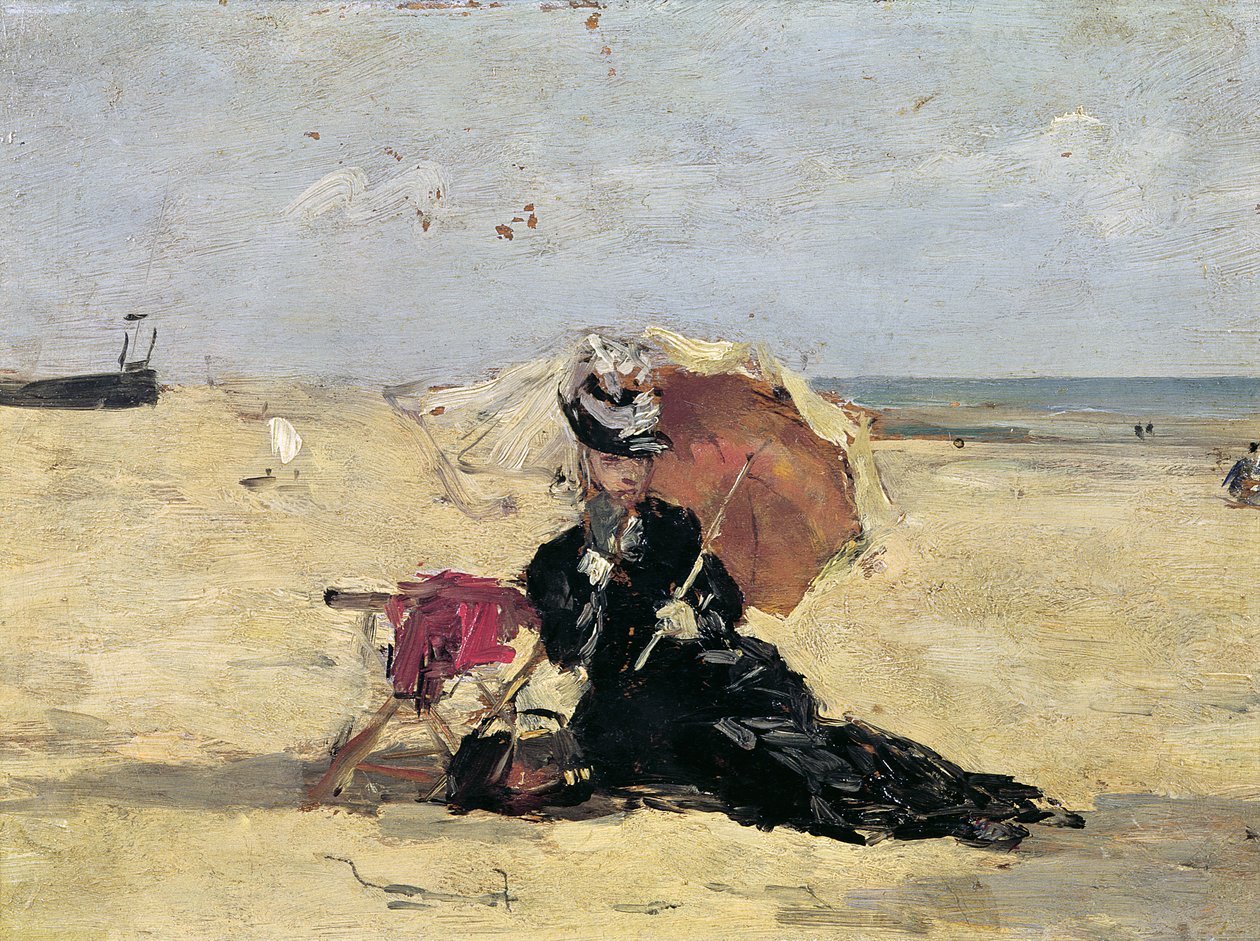 Žena se slunečníkem na pláži, 1880 od Eugene Louis Boudin