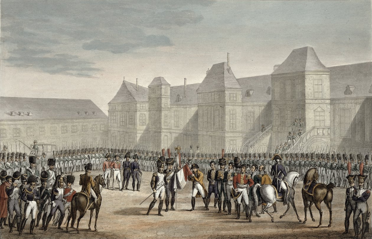 Napoleonova abdikace a jeho odjezd z Fontainebleau na ostrov Elba, 20. dubna 1814, rytina Francois Pigeot (nar. 1775) (akvatinta) od Louis Francois Couche