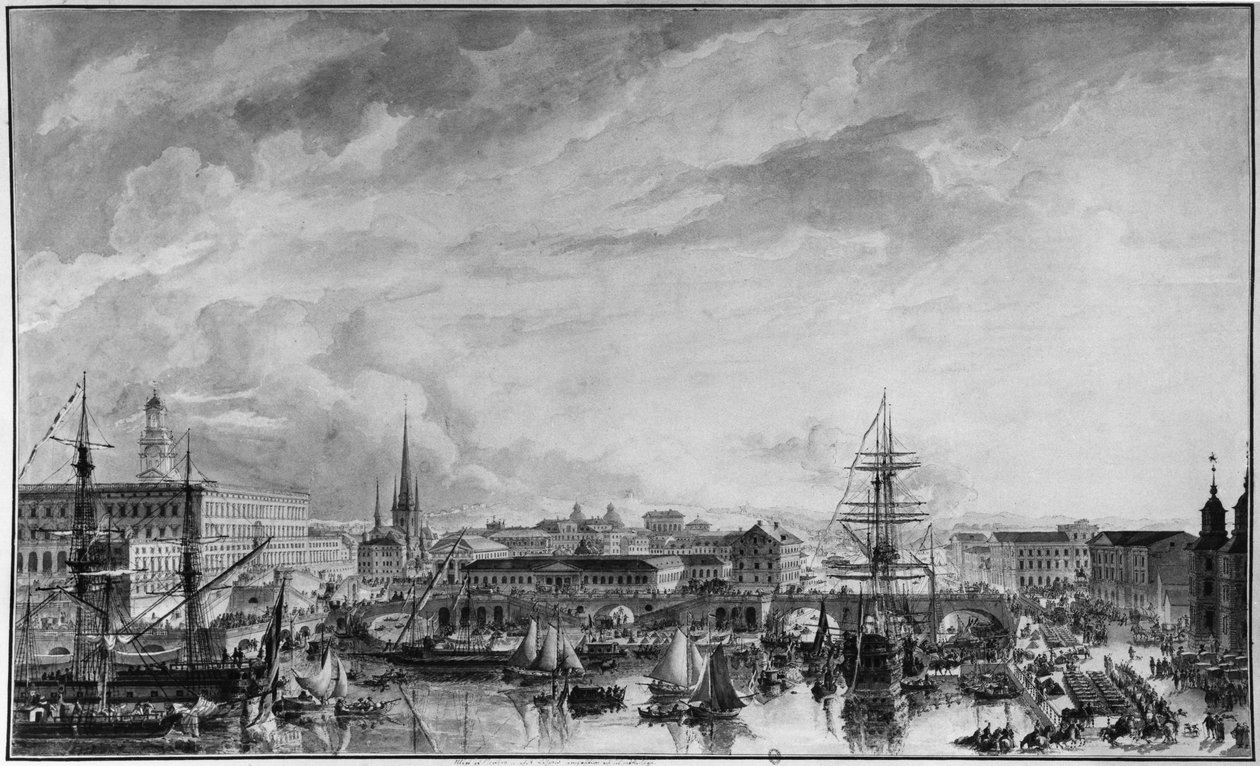 Pohled na Stockholm, konec 18. století (pero a mytí na papíře) od Louis Jean Desprez