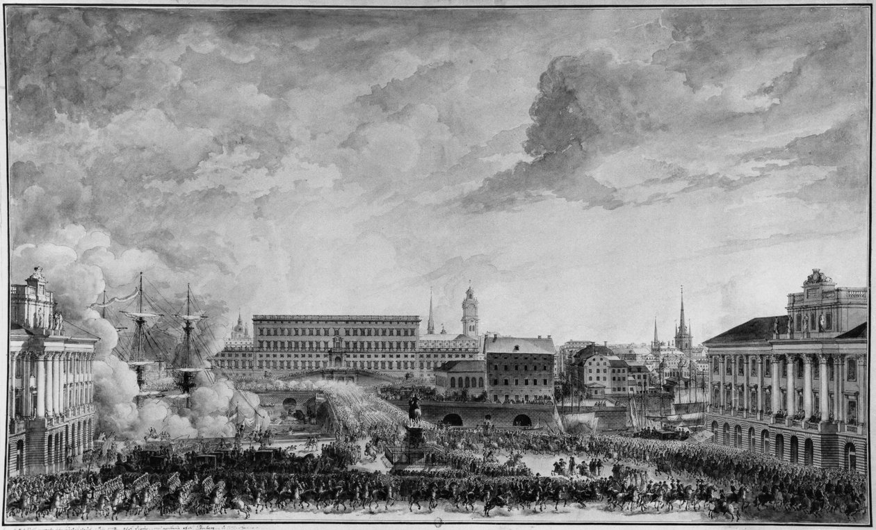 Pohled na Stockholm, konec 18. století (pero a mytí na papíře) od Louis Jean Desprez