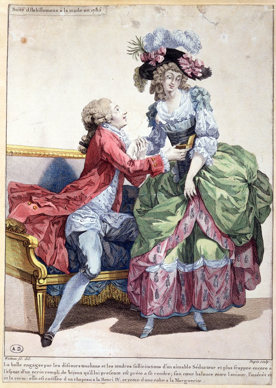 Módní deska z roku 1785 (barevná rytina) od Francois Louis Joseph Watteau
