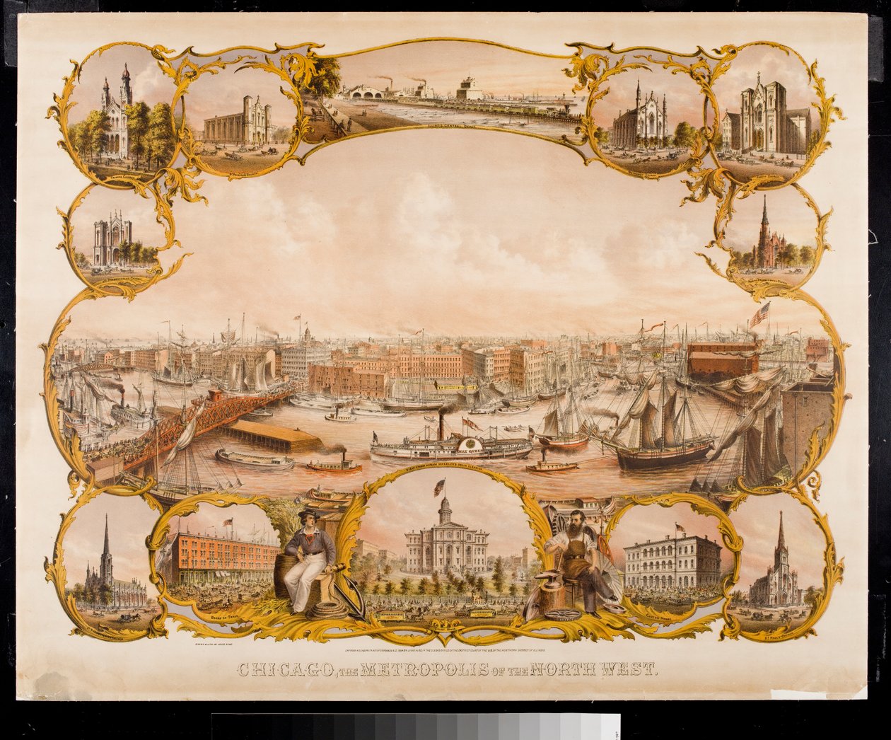 Litografie Chicaga s významnými budovami, 1864 od Louis Kurtz