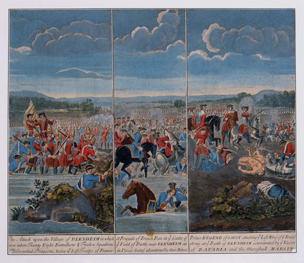Tři panely zobrazující bitvu u Blenheimu, kolem roku 1765 od Louis Laguerre