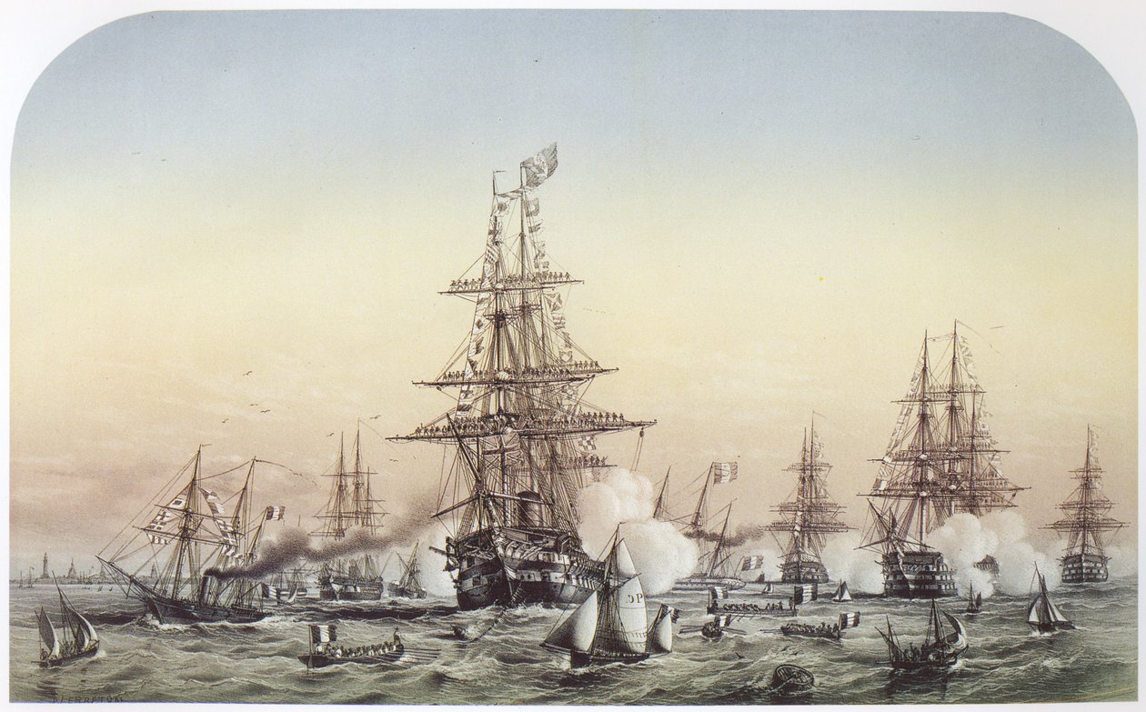 Napoleon III v Calais, návštěva britské letky odlétající na Krym. 14. července 1854 od Louis Le Breton