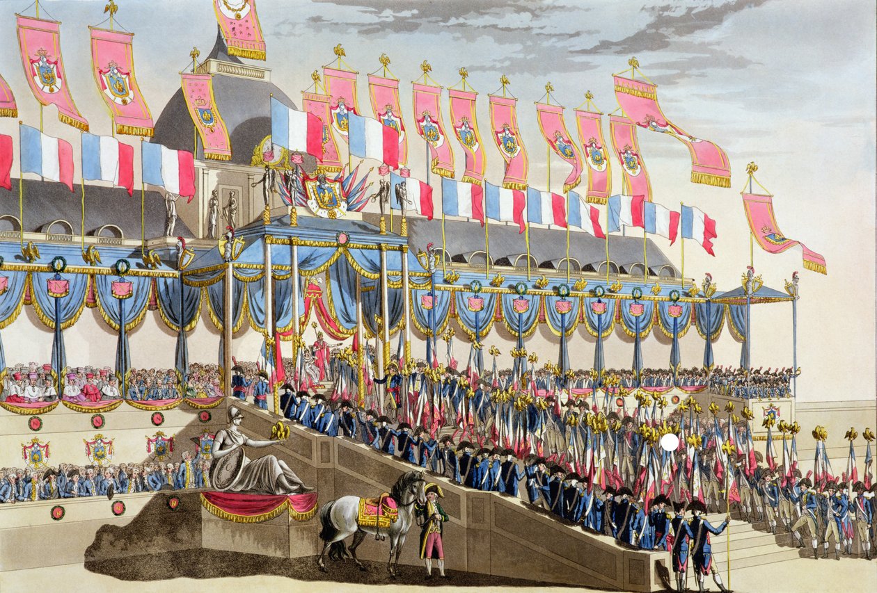 Posvátný festival a korunovace jejich císařských veličenstev, Pohled na dekorace před École Militaire vedle Champ du Mars, vyrytý Francois Aubertin (1783-1821), vydáno 1806 od Louis Le Coeur