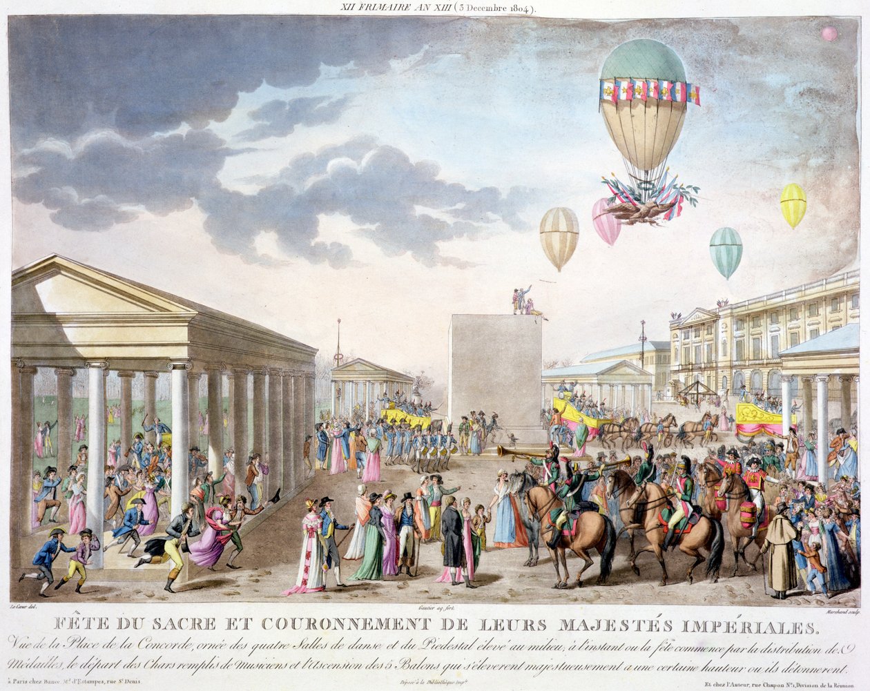 Posvátný festival a korunovace jejich císařských veličenstev, Pohled na Place de la Concorde, Paříž, vyryto Marchandem, vydáno 1806 (ručně tónovaná rytina) od Louis Le Coeur