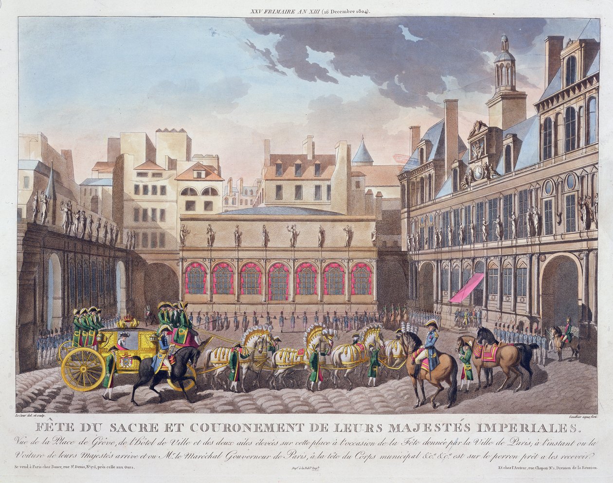 Posvátná slavnost a korunovace jejich císařských veličenstev, pohled na náměstí Place de Greve a Hotel de Ville, rytina Gauthier, vydáno 1806 (ručně tónovaná rytina) od Louis Le Coeur