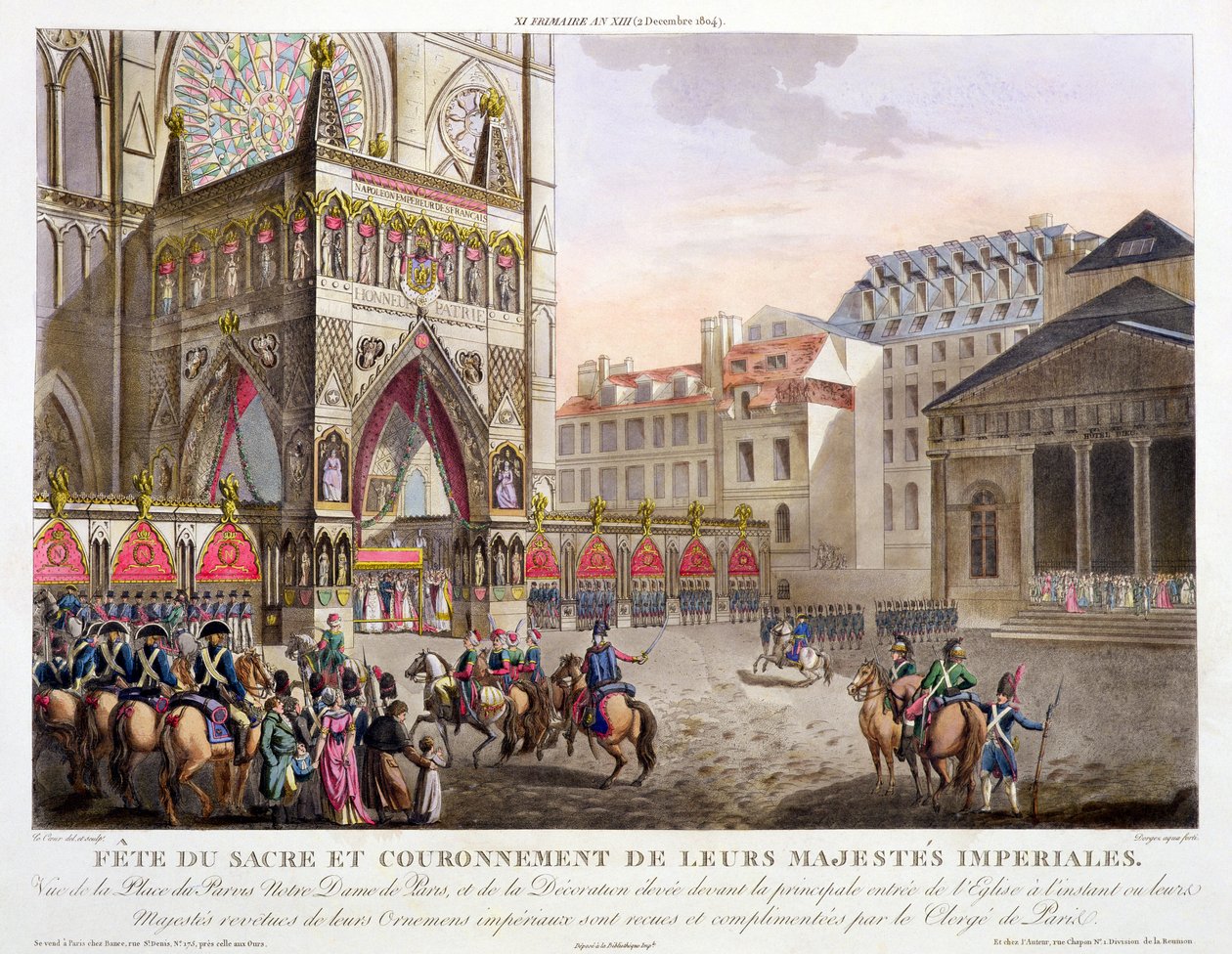 Posvátný festival a korunovace jejich císařských veličenstev, Pohled na Place du Parvis Notre Dame, rytý Dorgezem (fl.1780-1814), vydáno 1806 (ručně tónovaná rytina) od Louis Le Coeur