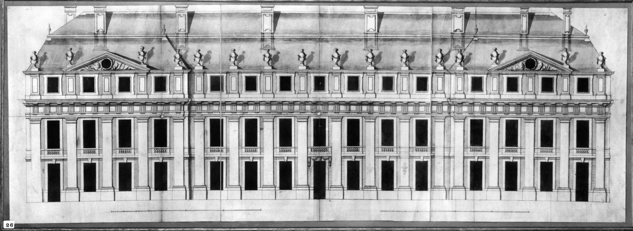 Chateau de Vincennes: Převýšení fasády rohového pavilonu, 1658 (pero a inkoust a mytí na papíře) od Louis Le Vau