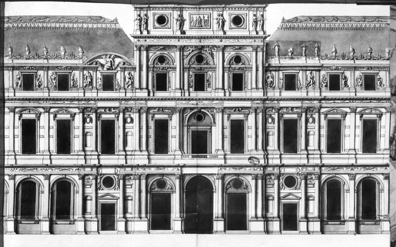 Louvre: Povýšení pavilonu uprostřed řeky, cca 1660-63 (pero a inkoust a mytí na papíře) od Louis Le Vau