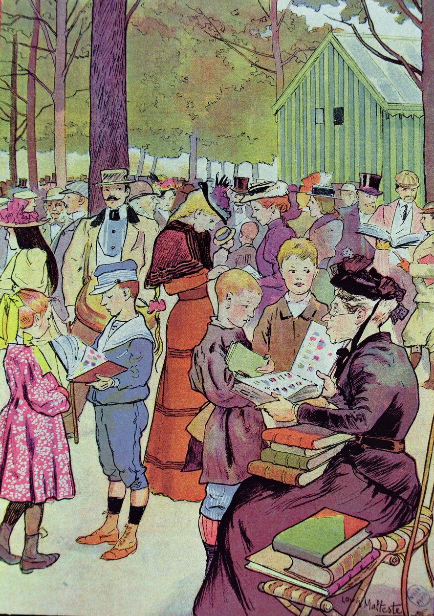 Známkový trh v Paříži, 1897 (barevná rytina) od Louis Malteste