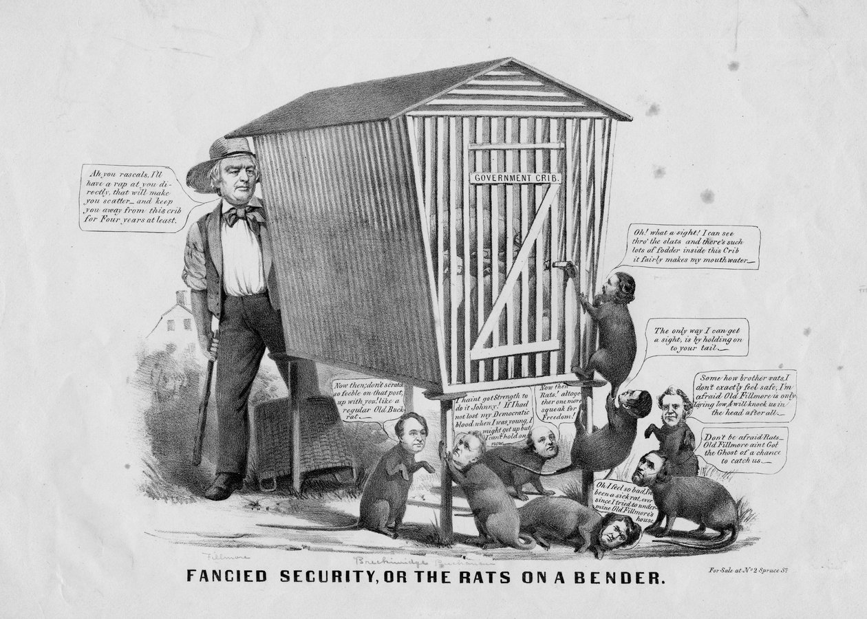 Fancied security, or, The rats on a bender, vydal Currier und Ives, New York, cca 1856 od Louis Maurer