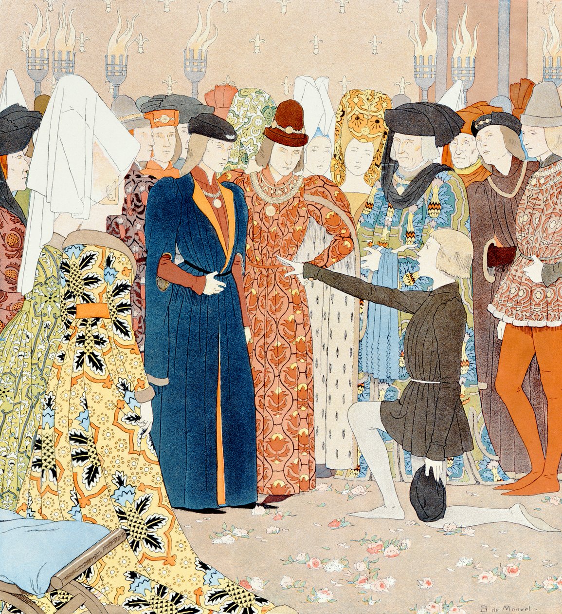 Johanka z Arku poznává krále Karla VII ukrytého mezi jeho kurtizánami v Chinonu, 25. února 1429, ilustrace z 