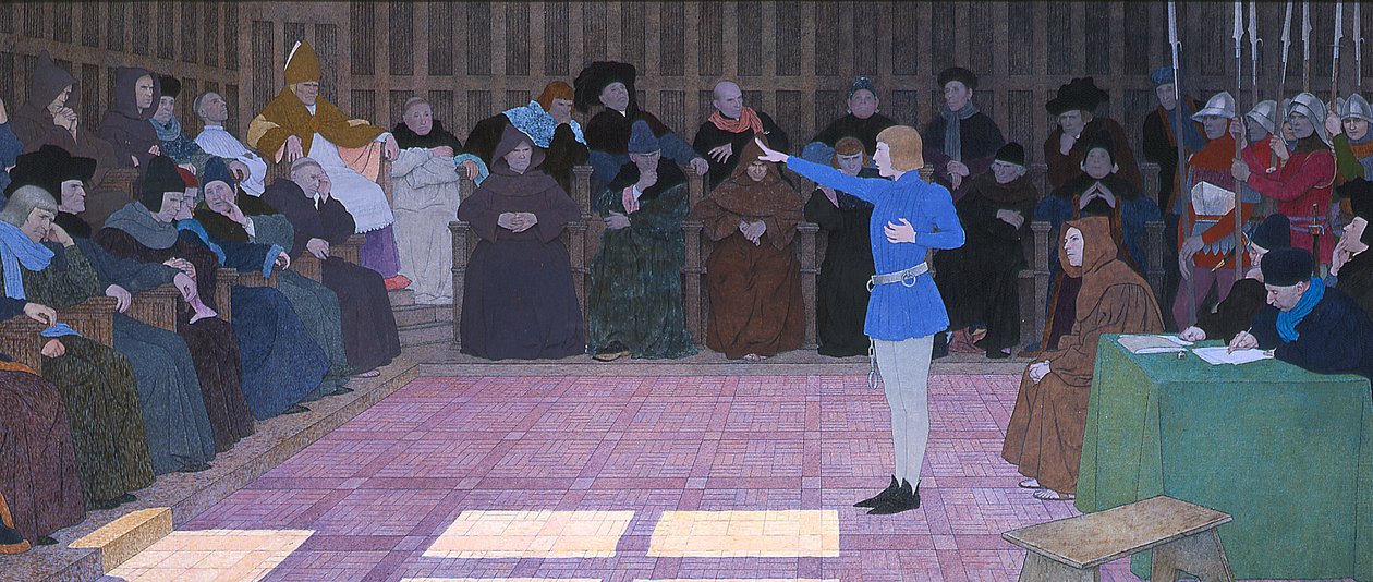 Proces s Johankou z Arku, ze série Johanky z Arku F, 1911 (olej a plátek zlata na plátně) od Louis Maurice Boutet de Monvel