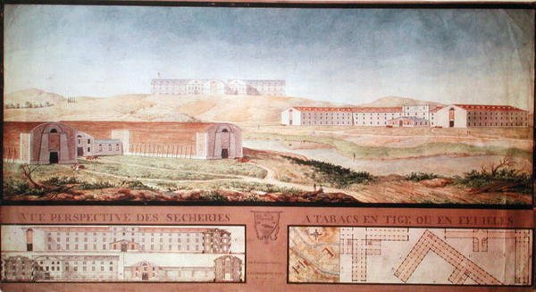 Perspektivní pohled na továrny na sušení tabáku, 1813 (wc na papíře) od Louis Michel Phelippeaux