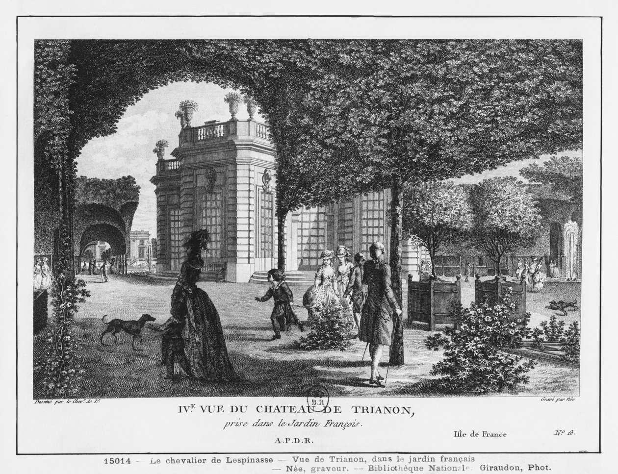 Čtvrtý pohled na Trianon, pořízený ve francouzské zahradě, vyrytý Francois Denis Nee (1732-1817) od Louis Nicolas de Lespinasse