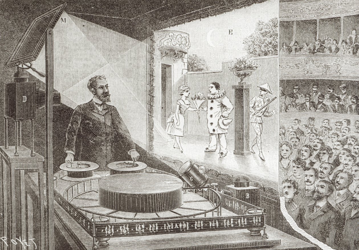 „Theatre Optique“ a jeho vynálezce Emile Reynaud (1844-1918) se scénou z „Pauvre Pierrot“, kolem 1892-1900 od Louis Poyet