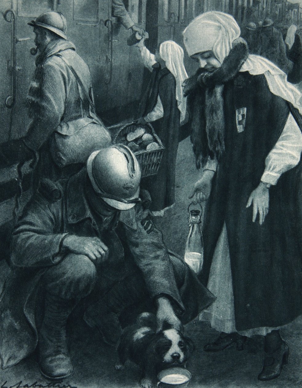 Poilu, štěně a dělník červeného kříže, ilustrace z 
