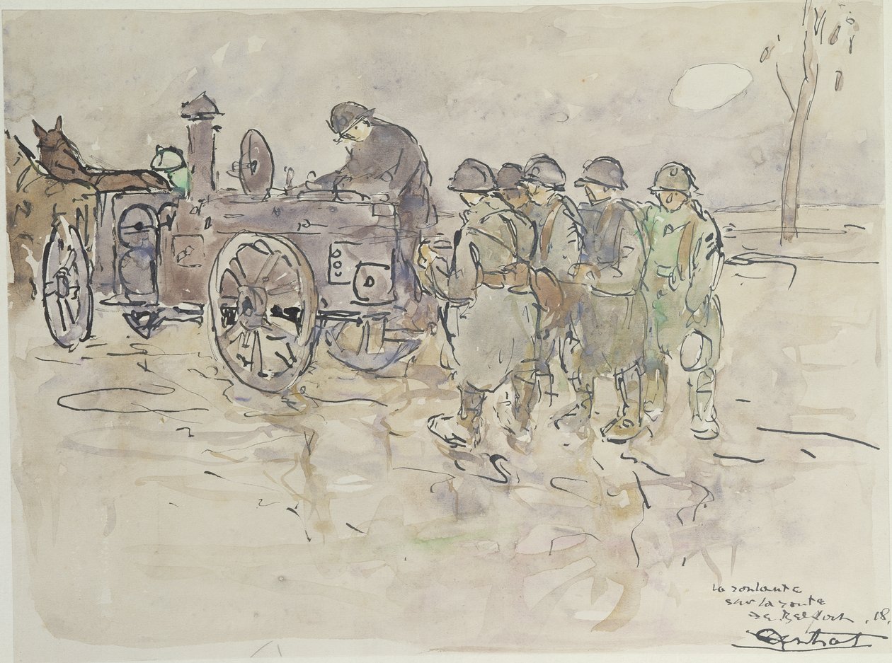 Polní kuchyně na cestě do Belfortu, 1918 (pero, tuš a čb na papíře) od Louis Robert Antral