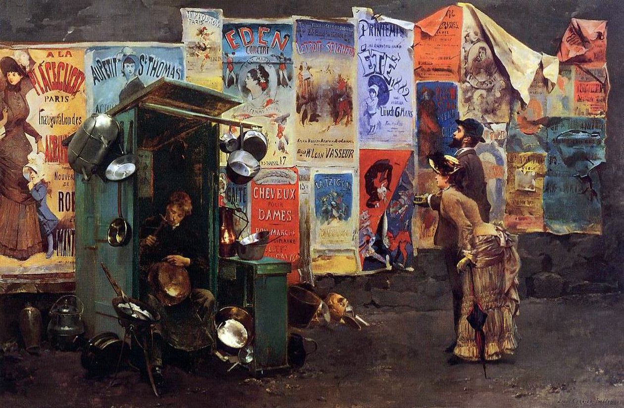 Plakáty na zdi a muž opravující kovové hrnce, 1882 od Louis Robert Carrier Belleuse