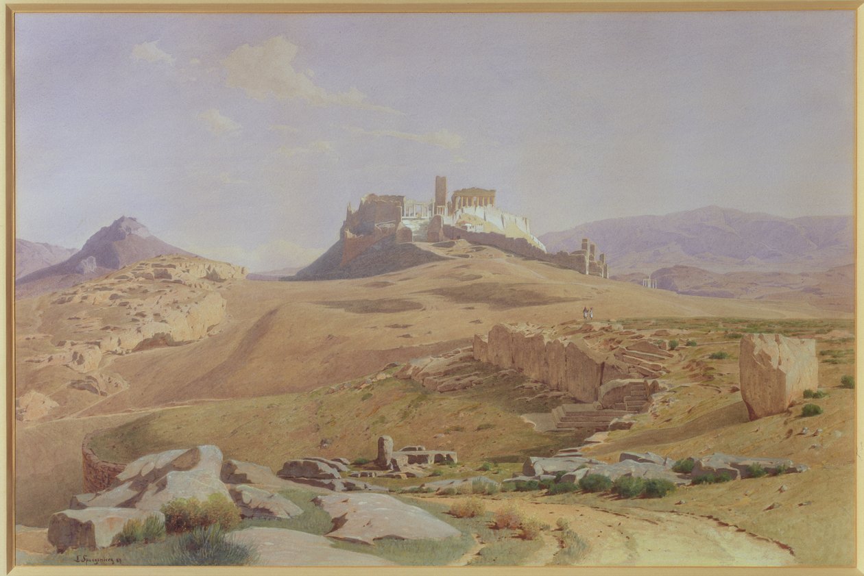 Pohled na Akropoli, 1887 (wc na papíře položeném na kartě) od Louis Spangenberg