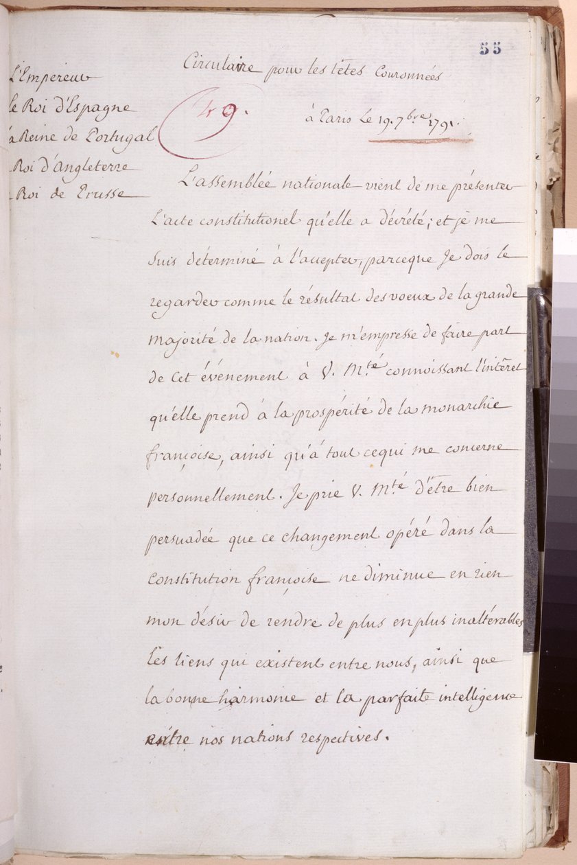 Dopis evropským panovníkům napsaný Ludvíkem XVI. (1754-93) vysvětlující jeho rozhodnutí přijmout ústavu z roku 1791, 19. července 1791 od Louis XVI
